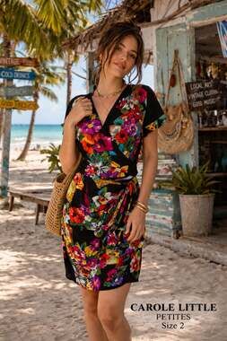 Carole Little Petites Size 2 Floral Wrap Dress Tropical Beach Vintage Style